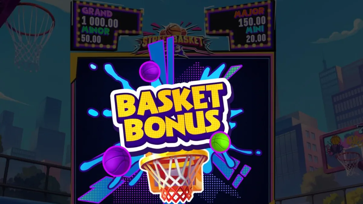 Tampilan visual slot Street Basket 3x3 dengan latar belakang lapangan basket jalanan.