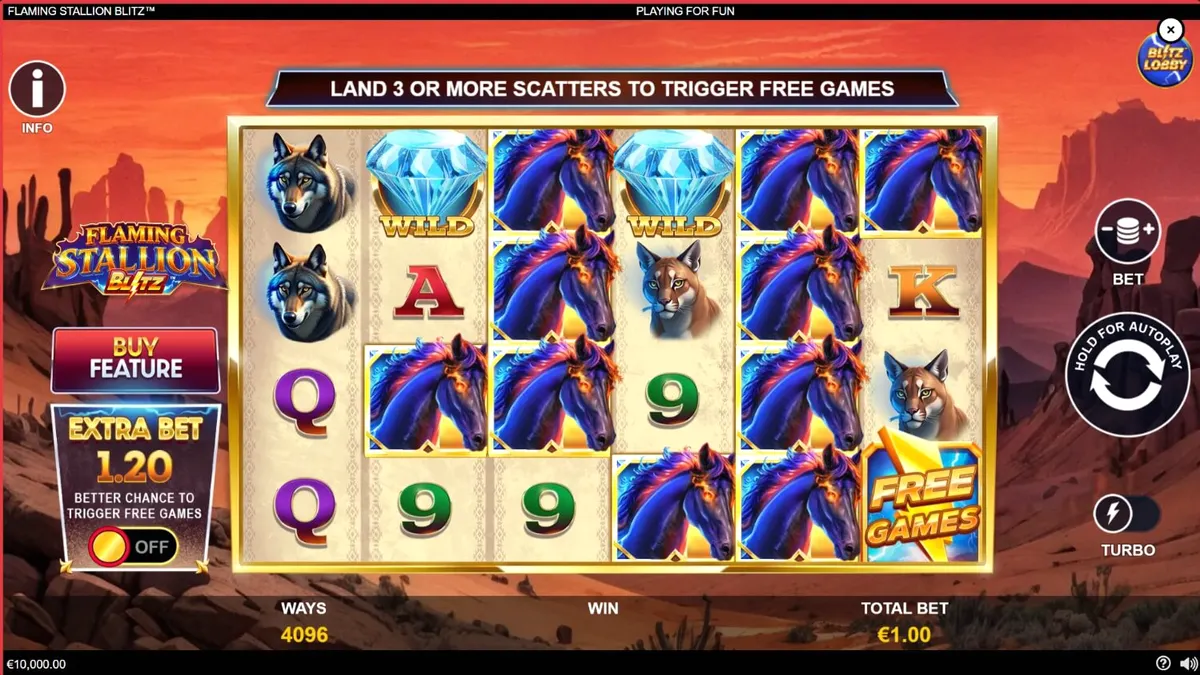 Pemandangan gurun dengan kuda jantan berapi dalam slot Flaming Stallion Blitz
